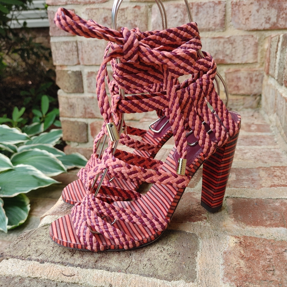 Jimmy Choo Trix 100mm Woven Multi-Wrap Sandal, Dark Shiraz/Coral 37 - Picture 4 of 16